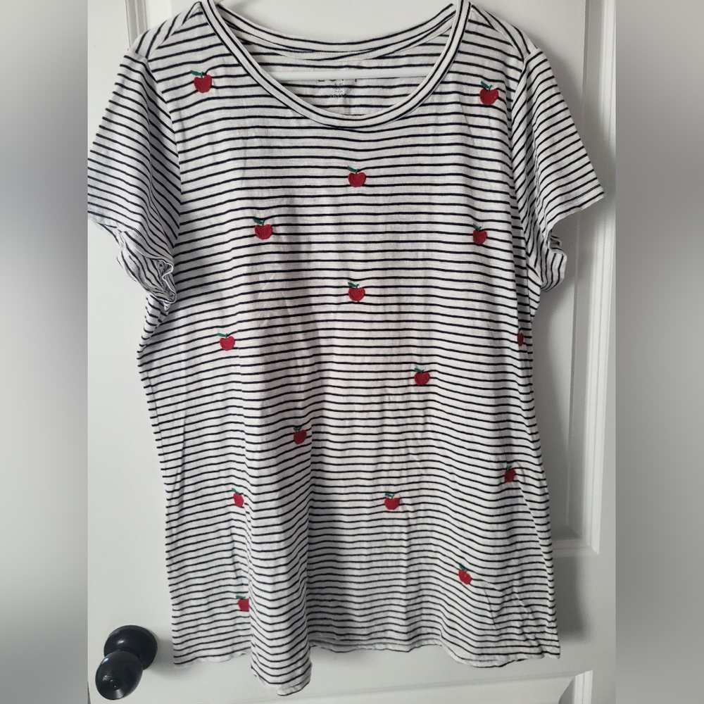 LOFT Black & White Striped Tee with Red Apple Motif